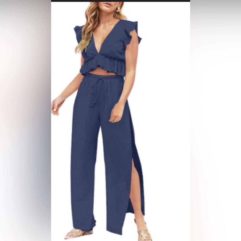 Fancyinn Deep Blue Ruffle Jumpsuit